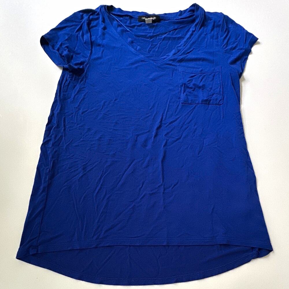 cable & gauge Women’s S Blue V-Neck Short Sleeve Pocket Stretch Knit T-Shirt